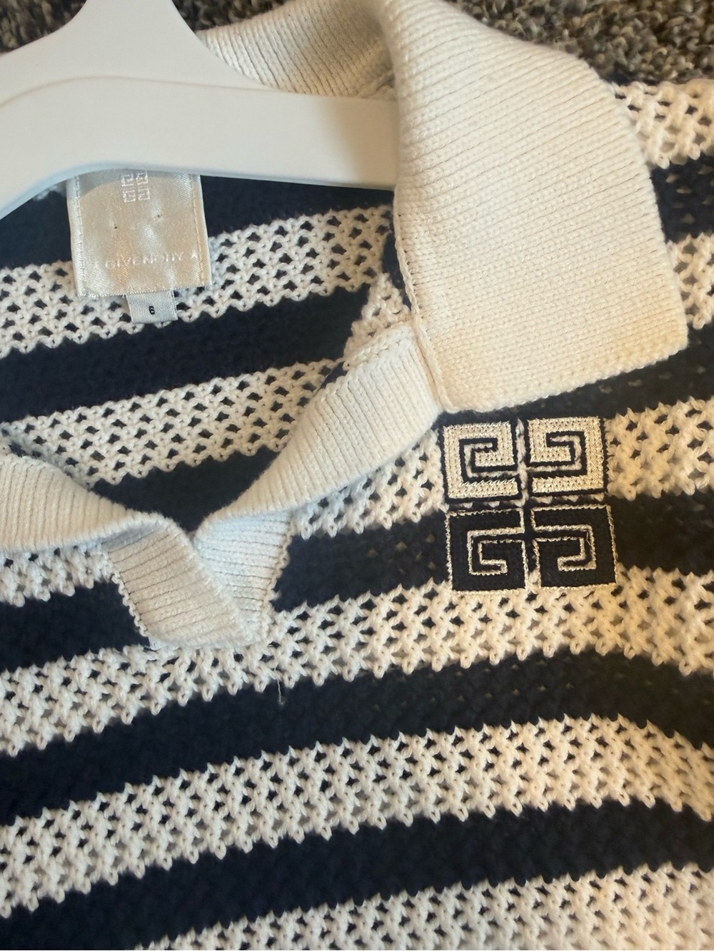 Givenchy Kids Girl Blue and White Striped Knit Polo Sweater